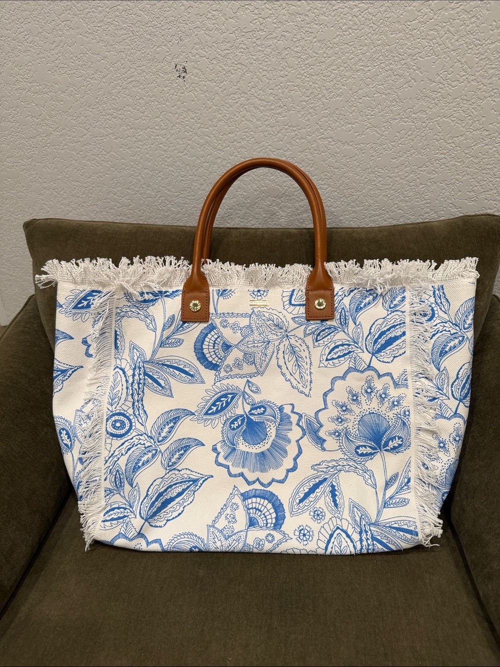 Melissa Odabash Blue & White Floral Canvas Tote with Tan Handles